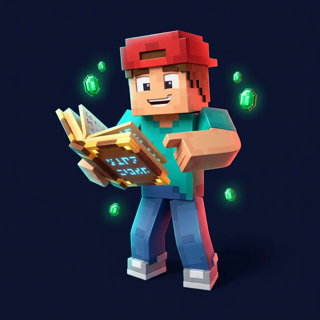 Minecraft-Figur mit roter Kappe liest in einem leuchtenden Buch, um sie herum schweben Gems